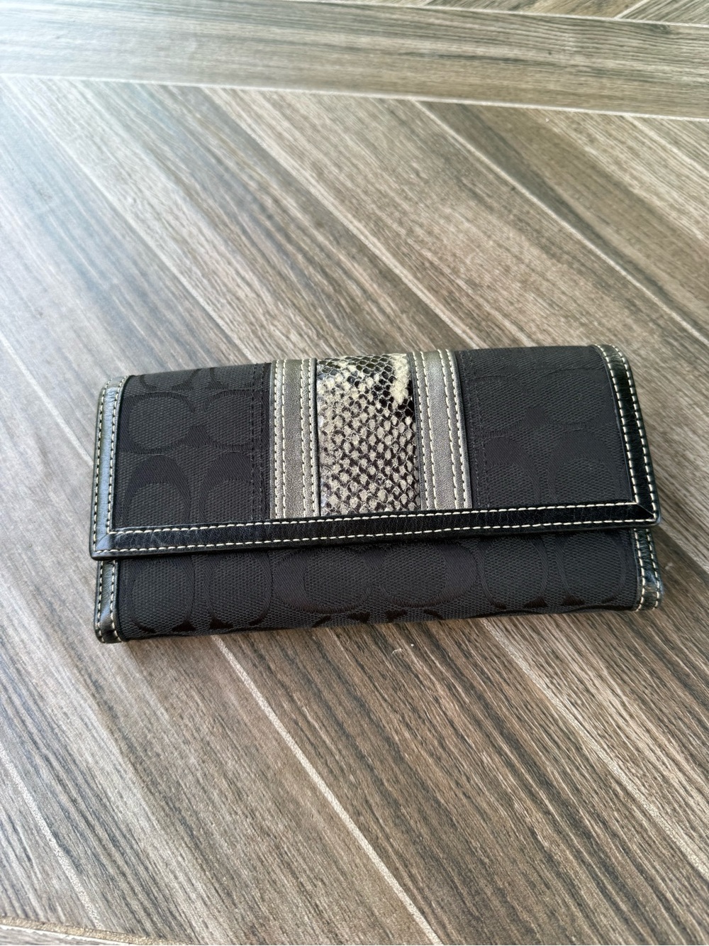 Coach Logo Black Tri-Fold Wallet with Snake-Print Center Stripe